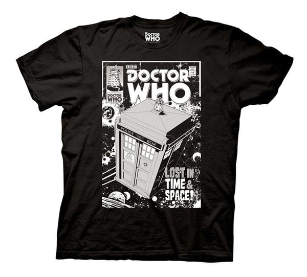 

doctor who comic tardis lost in time and space mens black t-shirt men t shirt short sleeve cotton male selling, White;black