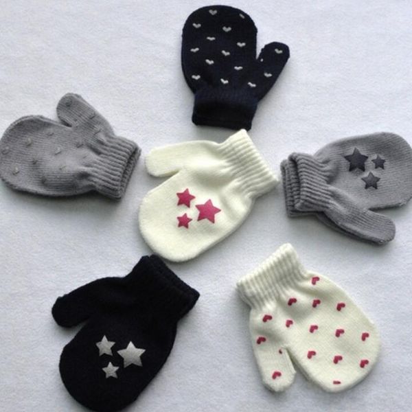 

fashion mittens boys girls soft knitting warm gloves white, blue, gray kids dot star heart pattern