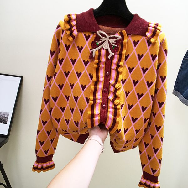 

new 2018 cardigan agaric sweater coat lapels color women love diamond lattice knitting sweater, White;black