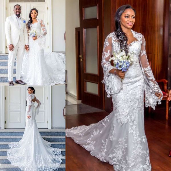

modest mermaid wedding dresses with v neck lace appliques hollow back long sleeve country wedding dress custom made plus size bridal gowns, White