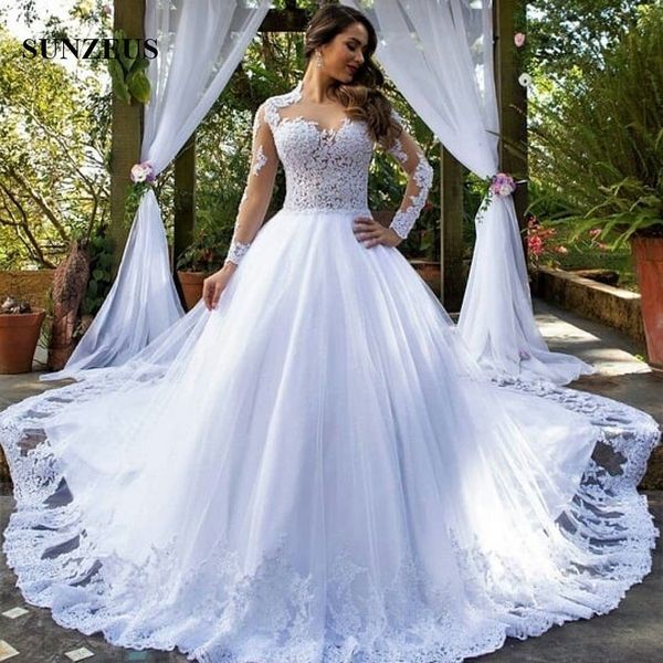 Acheter Appliques Bodice Illusion Sexy Robes De Mariée Manches Longues Belles Femmes Robe De Mariée Avec Dentelle Longue Tulle Blanc Mariage Robe De