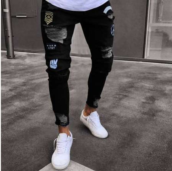 

promotion new 2018 men's hole embroidered jeans slim men's trousers, Blue