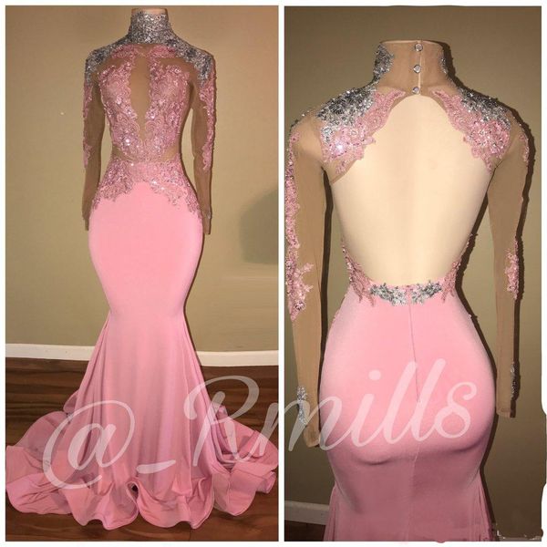 

2018 Modest High Neck Long Sleeves Prom Dresses Mermaid Applique Sequins Sexy Open Back Evening Party Gowns Robe de soriee Custom Made