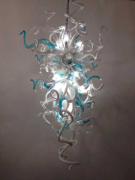 Moderner Murano-Glas-Kronleuchter, große weiße, klare, türkisfarbene Kronleuchter aus mundgeblasenem Glas, LED-Lichtquelle, Wohnzimmer-Pendellampen