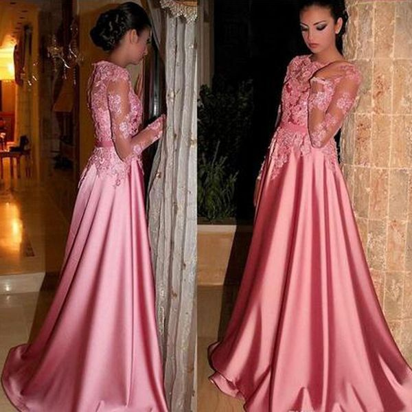 

dubai evening party dresses sheer neck illusion lace appliques long sleeves a line pink formal dress prom gowns with sash, Black;red