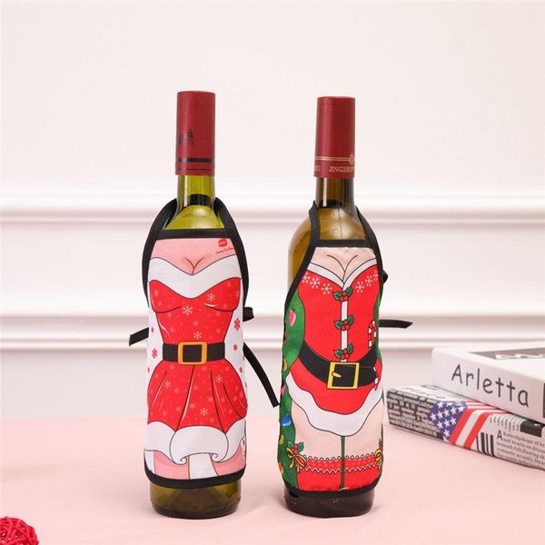 Mini-Weihnachtsschürze für Flaschen und Wein, Weihnachten, sexy Dame, Hund, Weihnachtsmann, Rotweinflaschenverpackung, Urlaub, Flaschenkleidung, Kleid