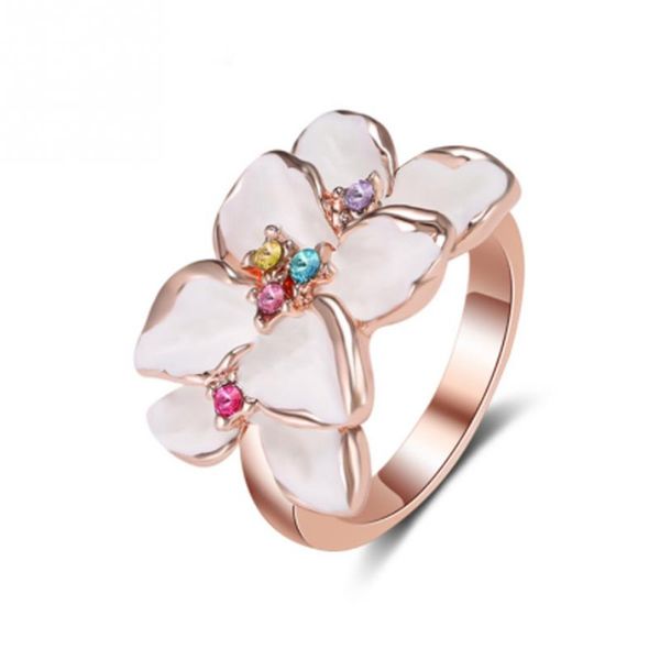 

fashion jewelry women ring with rose gold color austrian crystal black enamel flower shape wedding ring girls, Golden;silver