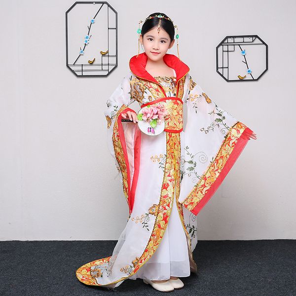 

children's ancient costume girls tang dynasty court drag tail dance dress embroidery suit princess guzheng stage performance, Black;red