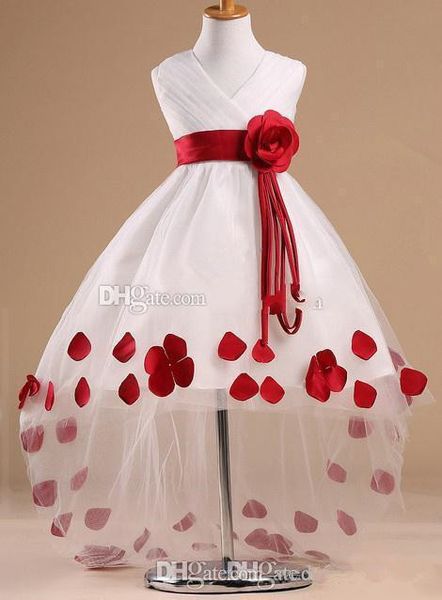 

flower girl dresses patterns in v-neck sleeveless high low rose sash white flower girl dress with red petals, White;blue