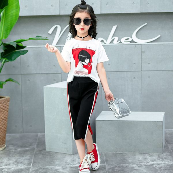 

2018 new girls clothing sets teens kids clothes suit children short sleeve t-shirt +pants 4-14 ages y1892807, White