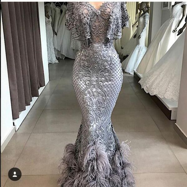 

серебристо-серый перо из бисера русалка вечерние платья v шеи ful кружева аппликация платья выпускного вечера yousef aljasmi короткими рукав, Black;red