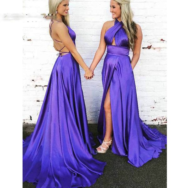 

robe de bal longue halter sleeveless a-line elastic satin open back long prom dress for evening party gowns, Black