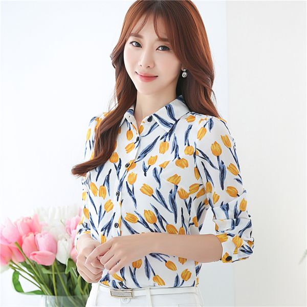 

biboyamall 2018 new fashion autumn women's shirt sweet turn-dwon collar fashion loose chiffon full sleeve women clothing, White