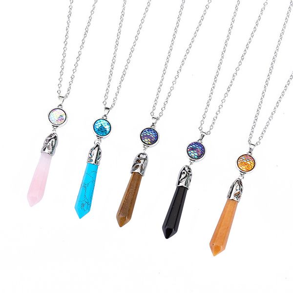 

fashion natural stone hexagonal prism drusy druzy necklaces 5 colors mermaid scale pendant necklace for women lady jewelry, Silver