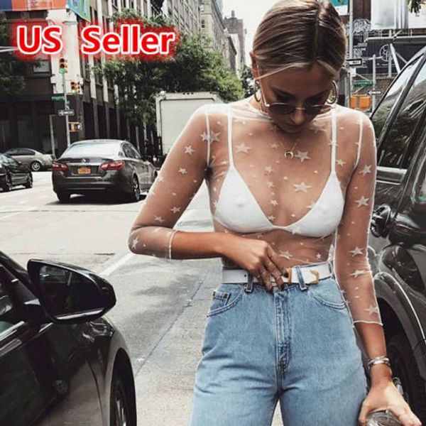 

мода новые сексуальные женщины дамы sheer экипаж шеи рубашка повседневная прозрачный сетки звезды короткие bodycon блузка рубашка топы clubw, White