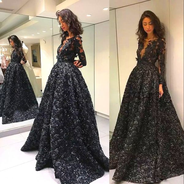 

3d rose floral prom dress sheer appliques long sleeves formal prom dresses glamorous a-line evening gown 2018 charming red carpet dresses, Black