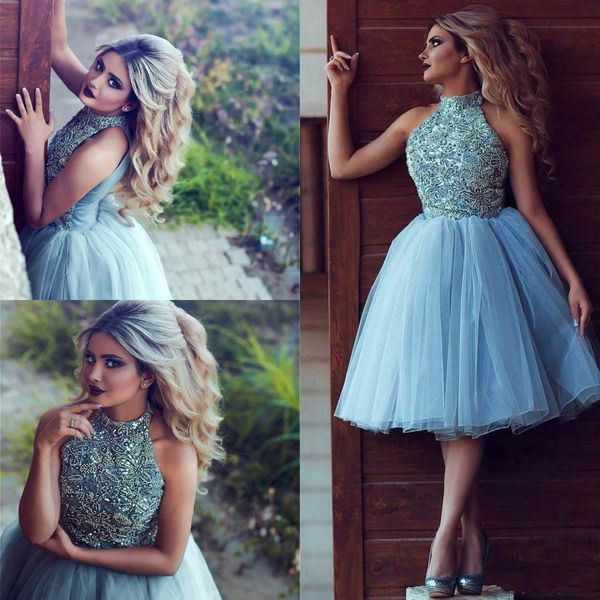 

said mhamad 2019 short prom dress halter neck major beading appliqued homecoming dresses arabic tulle cocktail party gowns club wear, Black