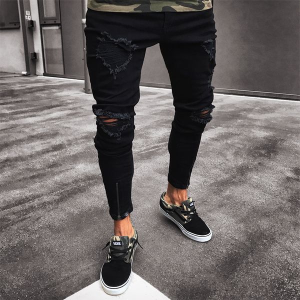 Men Jeans Stretch Destroyed Ripped Design Black Pencil Pants Slim Biker Trousers Hole Jeans Streetwear Swag Pants