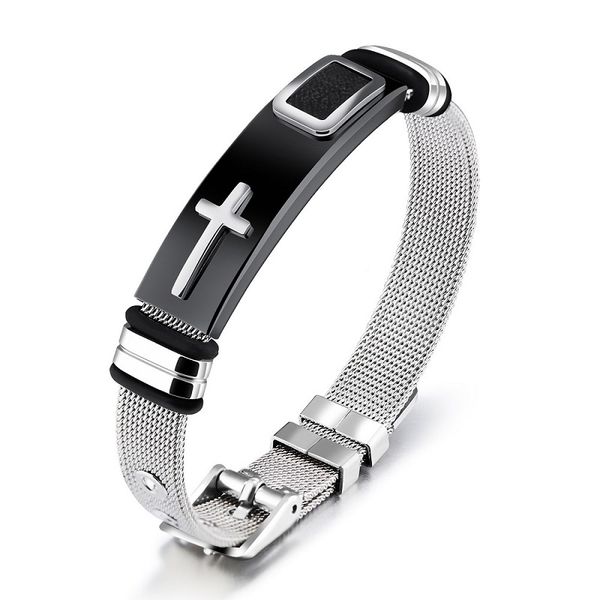 

gold black color fashion simple men's leather cross bangle stainless steel bracelet watchband jewelry gift for men boys 878