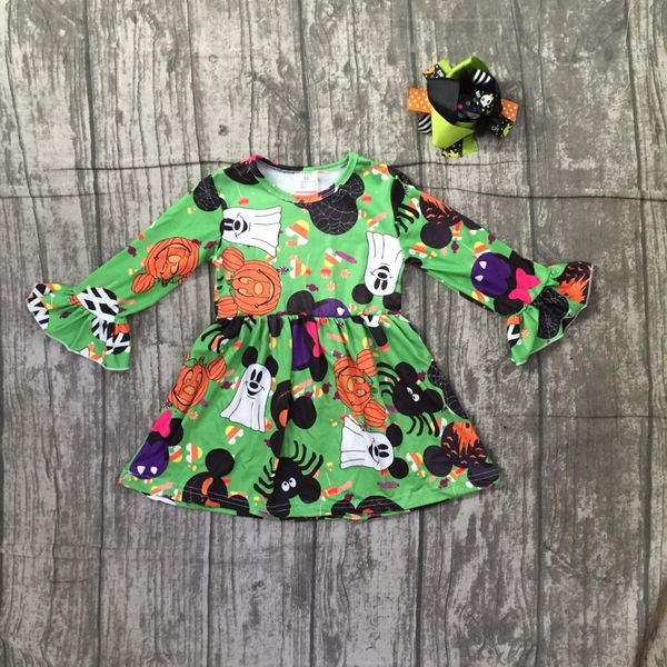 

halloween green orange dress baby girls long sleeves mouse milk silk pumpkin bow clothing boutique kids wear match bow ruffle, White