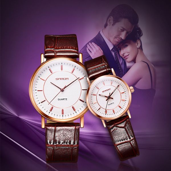 

sanda платье элегантная пара кварца женщин наручные часы кожаный ремешок водонепроницаемые часы мужчины мода lovers часы баян saat, Slivery;brown