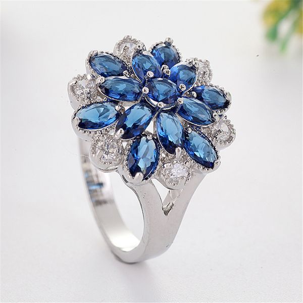 

blue&white crystal flower rings for women wedding ring bright silver ring luxury jewelry bague femme anillos wholesale c3f357
