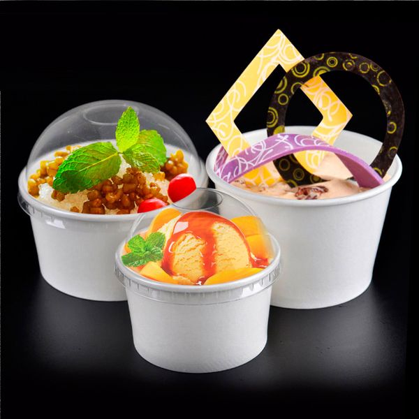 3 oz 5 oz 8 oz Branco ice cream copo de papel descartável tigela de iogurte descartável smoothie tigela de papel Arched tampa transparente Frete grátis