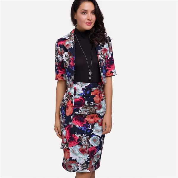 

2018 women suit set elegent office lady 2 piece set plus size floral half sleeve short jacket coat and pencil skirt sets talever, White