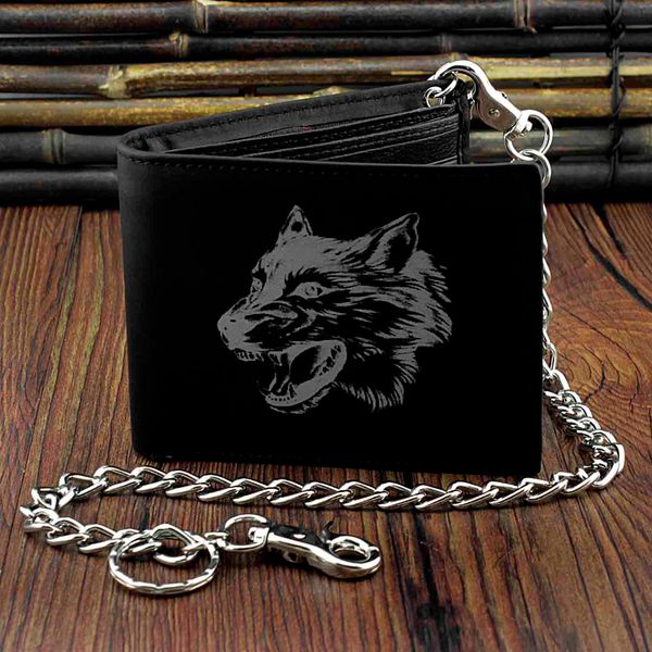 

wolf design leather mens bi-fold wallet black w/ biker long chain, Red;black