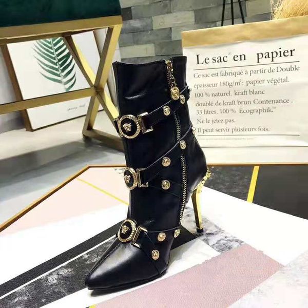 

versaes brand new arrival women fashion boots luxury bllack genuine leather medusa metal button design women's ankle boots, Black