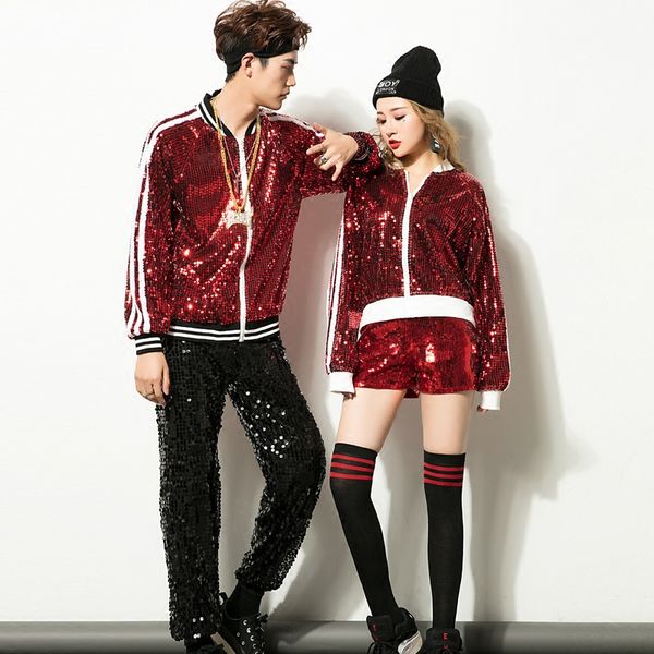 

new ds hip hop hip-hop long sleeve sequins costume loose men's modern dance jazz dance jacket performance clothing, Black;red