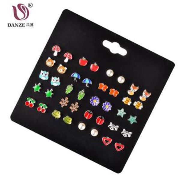 

danze 20 pairs/lot cute fruit animal stud earrings set for children women frog fox star heart shape ear jewelry, Golden