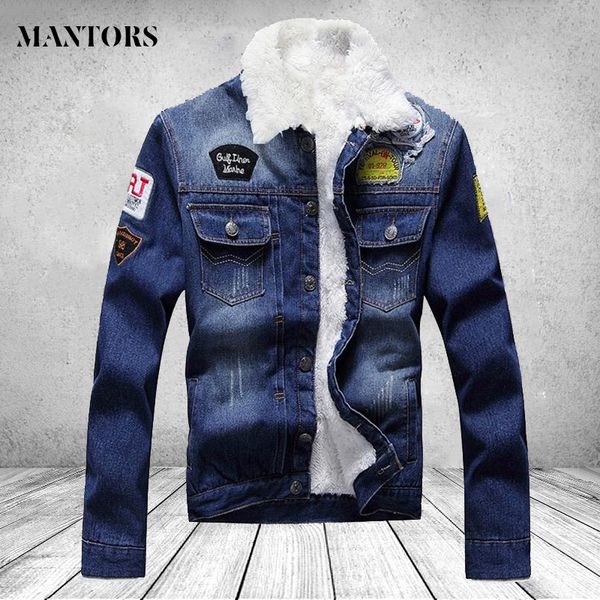 

jeans jacket men winter casual vintage printed denim coat male slim fit warm fur lined motorcyle jacket men hip hip outwear blue, Black;brown