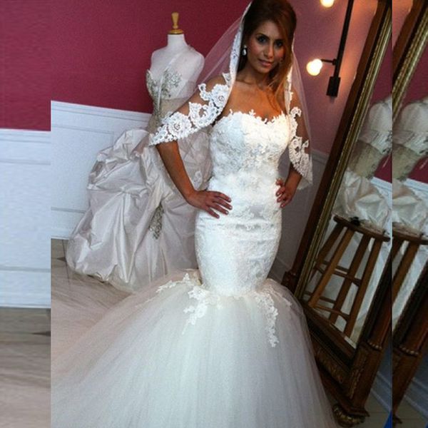 

gorgeous mermaid wedding dress bridal gowns sweetheart sleeveless lace appliques puffy tulle trumpet dress, White