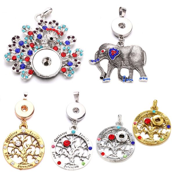

new fashion hollow family tree elephant peacock life tree snaps pendant rhinestone snap necklace pendant fit 18mm snap buttons snap jewelry, Silver