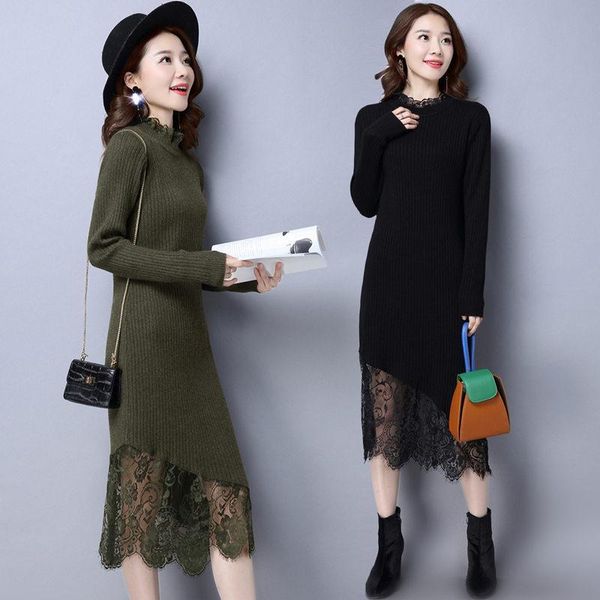 

2018 autumn winter women lace stitching long sleeves knee-length slim warm sweater dress female, White;black