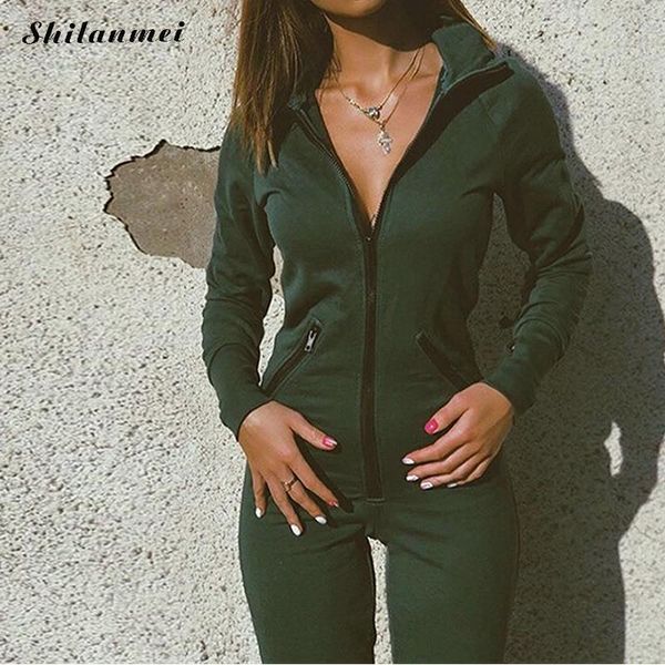 

2018 new green women jumpsuit with siamese cap sportswear slimming yoga one piece trainning exercise sets running zipper top, White;black