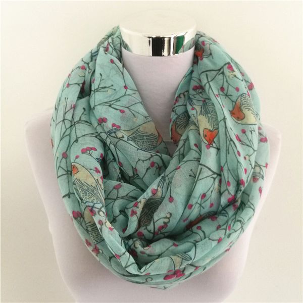 

wholesale new fashion lightweight soft women loop scarf sky blue white birds print infinity scarves foulards snood for ladies, Blue;gray