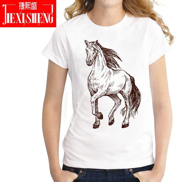 

summer women t shirt short sleeve round neck horse print casual tees women's clothing, White