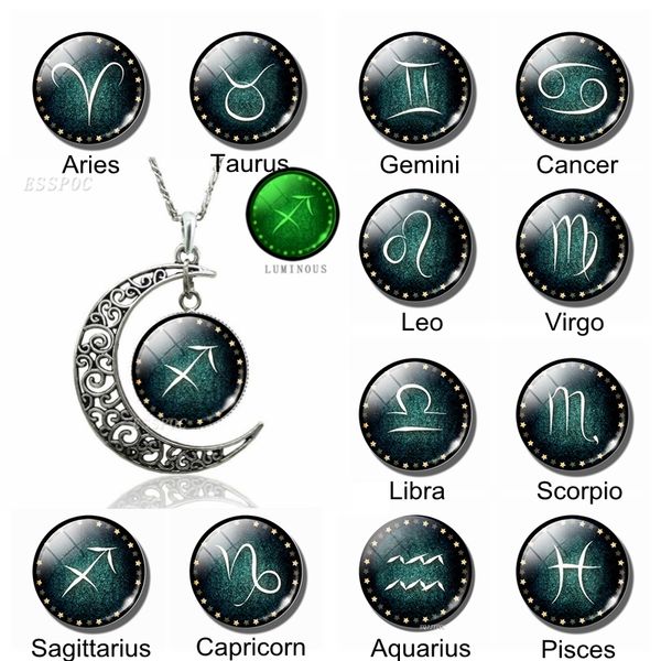 

glow in the dark constellation necklace 12 zodiac signs glass cabochon crescent moon necklace zodiac jewelry women birthday gift, Silver