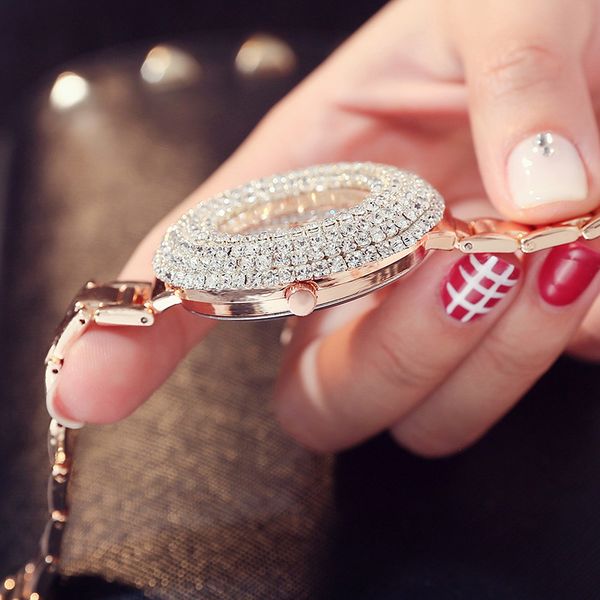

роскошный топ бренд розовое золото кварцевые женские часы bling bling bling полный кристалл циферблат из нержавеющей стали браслет платье же, Slivery;brown