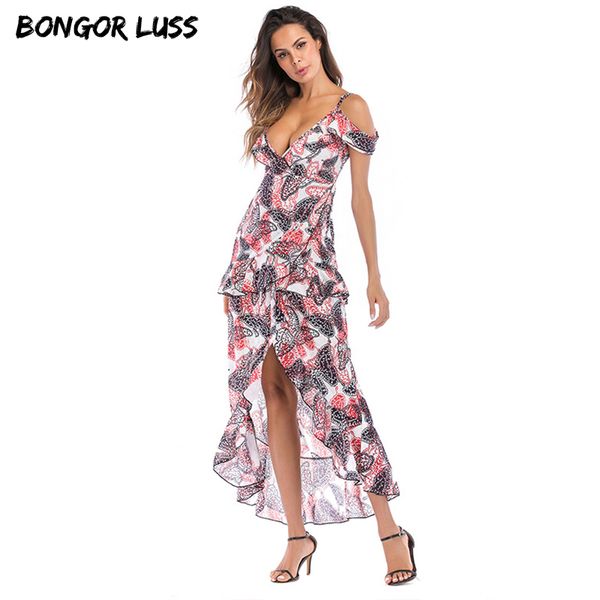 

bongor luss boho floral print ruffle dress women spaghetti strap deep v-neck backless split summer chiffon long beach dress, Black;gray