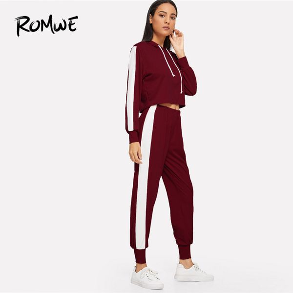 

romwe sport burgundy long sleeve crop drawstring hooded pullover with sweatpants women running suits exercise sportswear sets, Black;blue