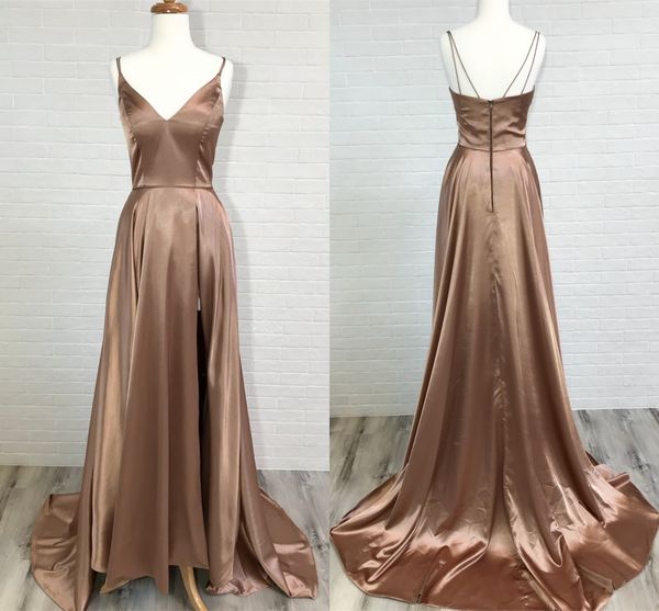 

chocalate satin long prom dresses v neck spaghetti straps slit side backless formal evening dresses simple party dresses sweep train, Black