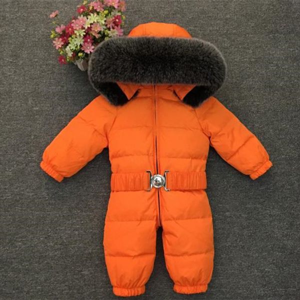 

2018 winter baby clothes toddler boys girls overalls baby romper duck down jumpsuits hooded real fur collar children outerwear kids snowsuit, Blue
