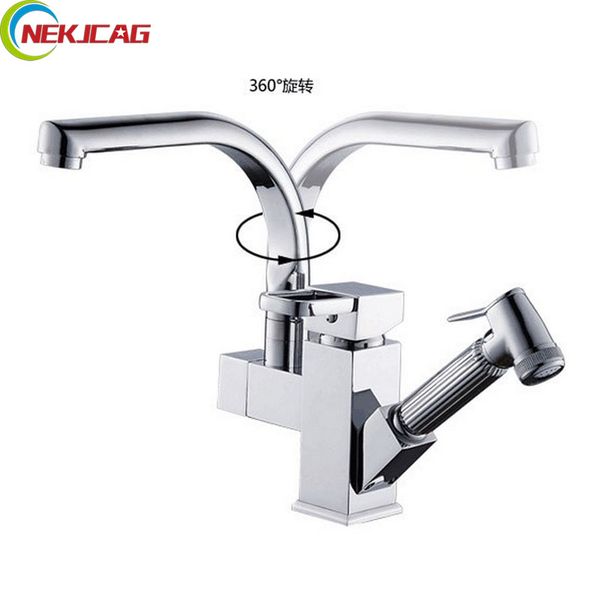 

polished chrome deck mounted kitchen faucet dual spouts sink mixer tap rotation kitchen cold water taps