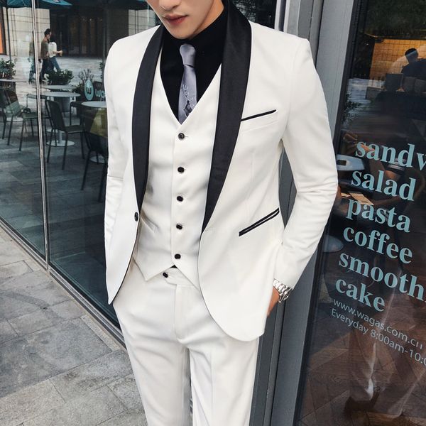 

groom wedding suit white with contrast collar black men tuxedo costume homme marriage smoking homme ternos masculino slim fit, White;black