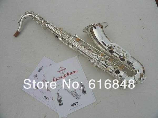 Bb Tune Tenor B-Flat Saxophon Suzuki Messing versilbert Hochwertiges Konzertmusikinstrument Sax Perlmuttknöpfe mit Mundstück