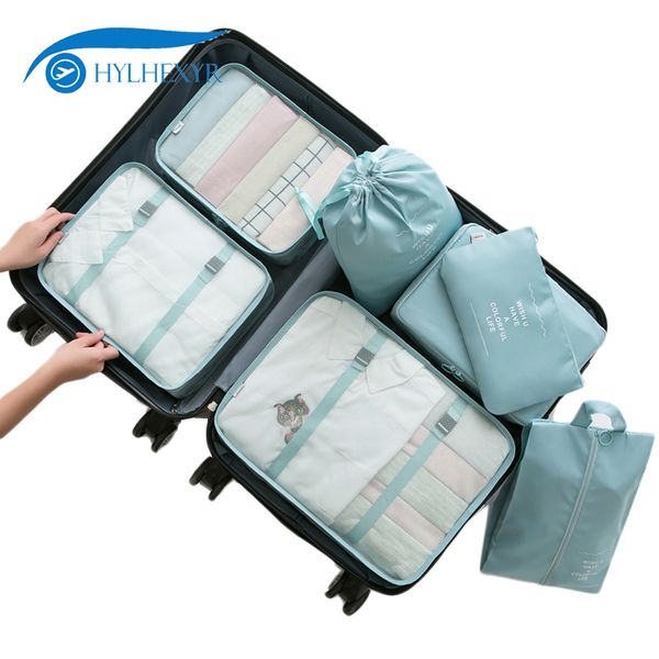 

hylhexyr 7 pcs /one set packing cubes clothing sorting organize waterproof travel luggage bags with bra cube and shoe pouch