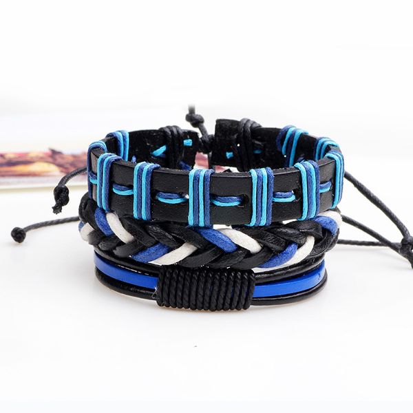 

3pcs/set boho gypsy hippie punk black royal navy blue white pattern knots leather layers stacked adjustable bracelets set unisex, Golden;silver